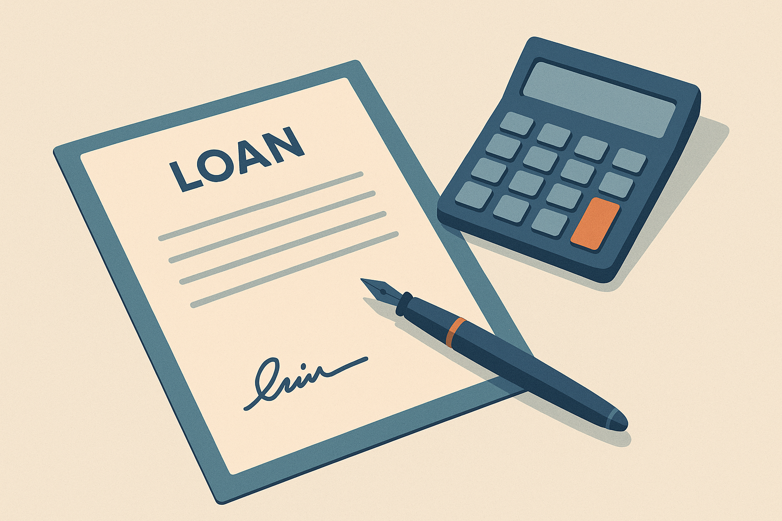 Scrivania con un contratto firmato, una penna e una calcolatrice che rappresentano un rapporto di credito