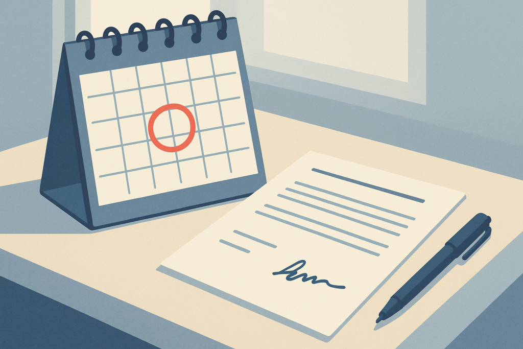 Calendario da tavolo con una data cerchiata accanto a un contratto firmato e a una penna