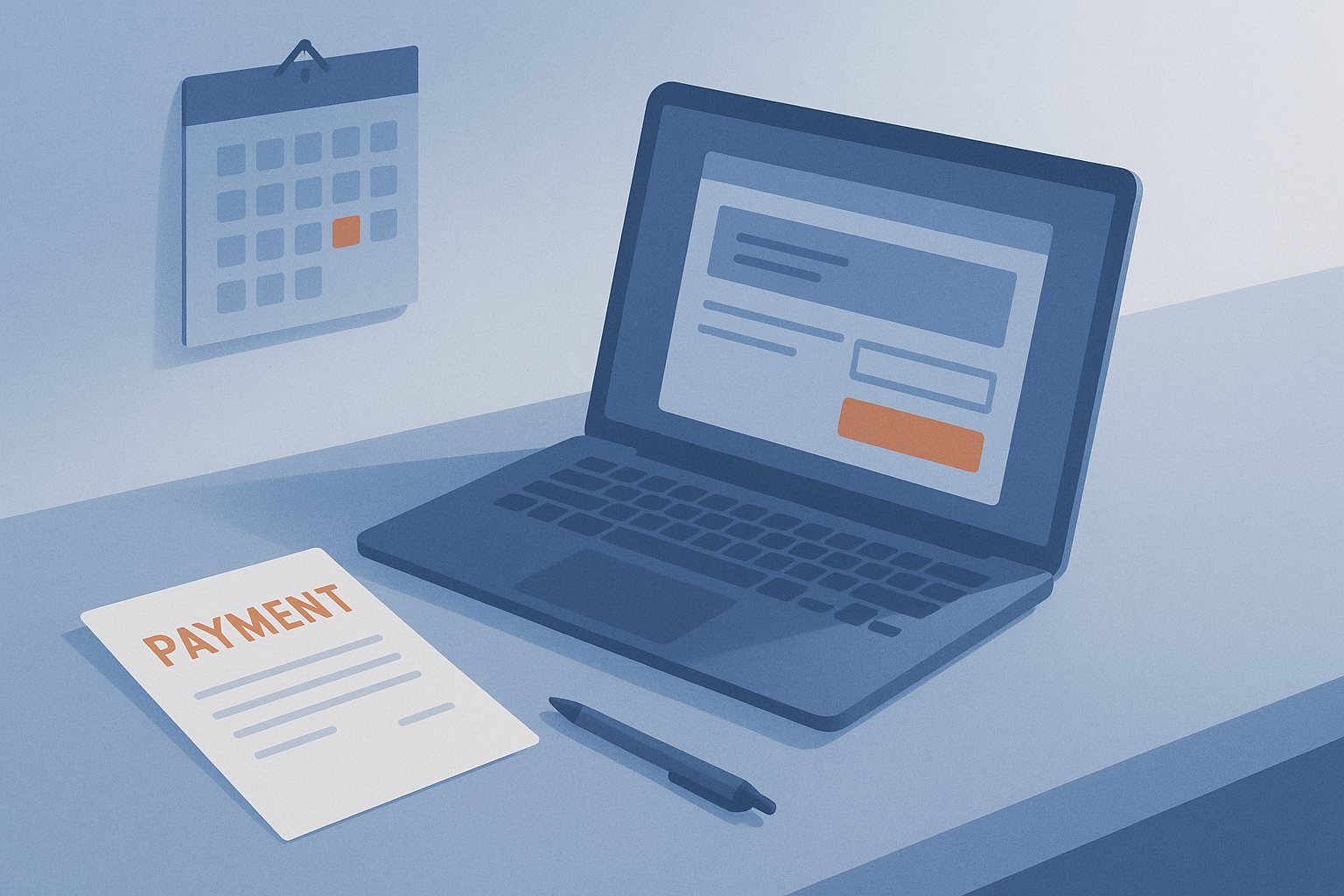 Scrivania con una cartella di pagamento cartacea, un computer portatile aperto su un'area riservata online e un calendario