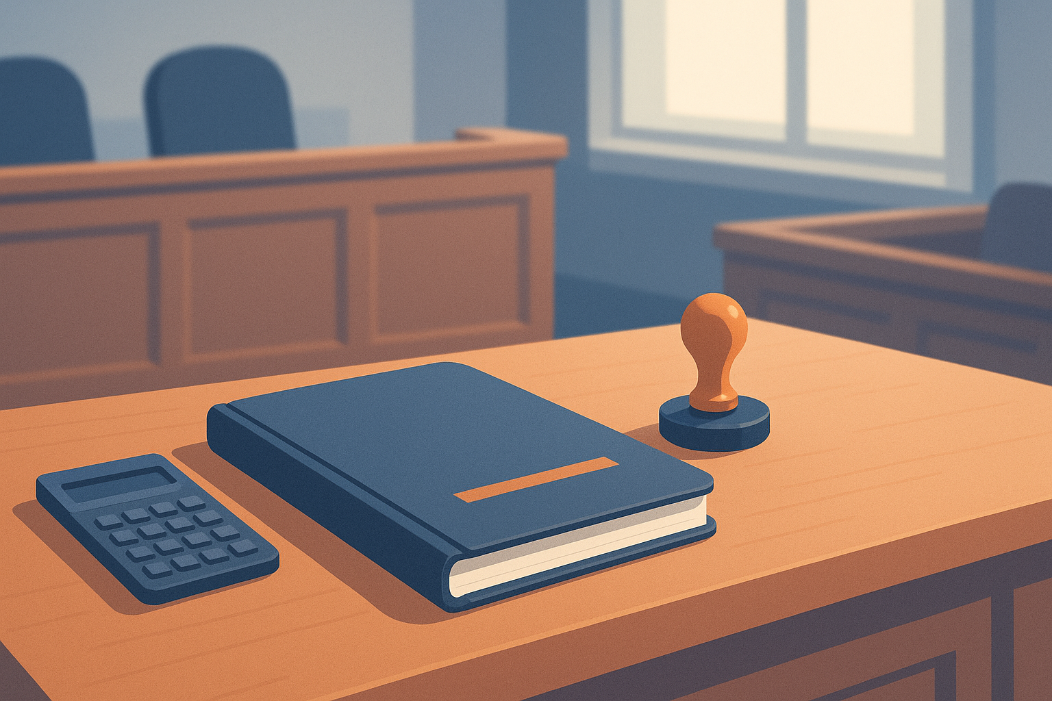 Scrivania con fascicolo di documenti, calcolatrice e un timbro giudiziario in un'aula di tribunale vuota