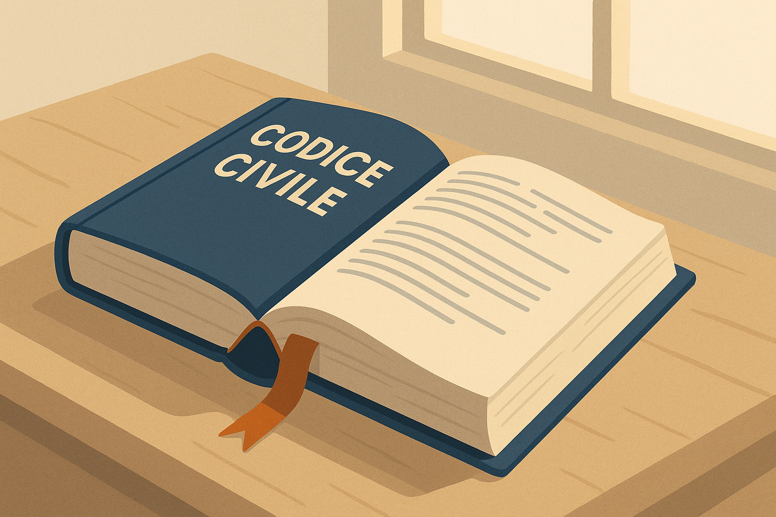 Codice civile aperto su un tavolo di legno con un segnalibro tra le pagine dedicate alle obbligazioni